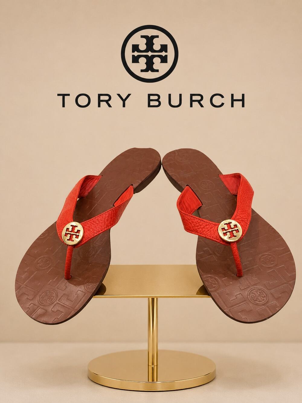 Tory Burch Thora Logo Medallion Leather Flip Flop Sandals Orange Sz 9M